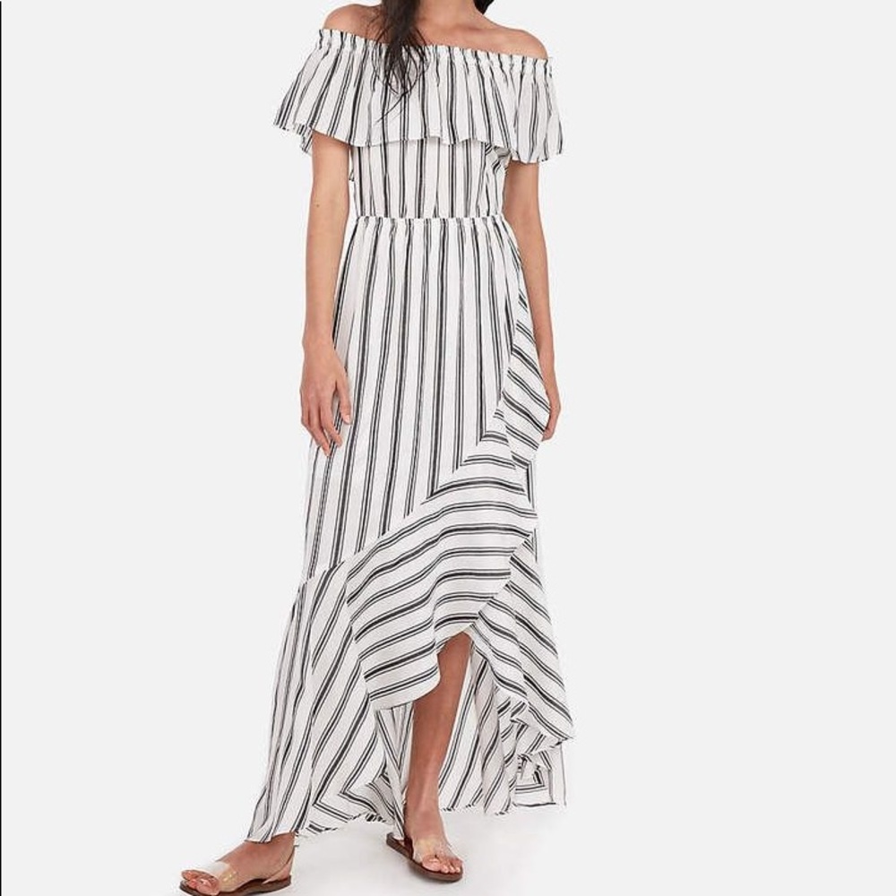 Striped Off The Shoulder Ruffle Front Maxi Dress